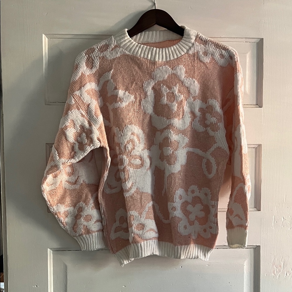 Vintage Floral Patterned Sweater - Pink and White